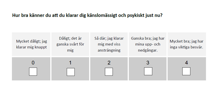 EPO-1-mittari ruotsinkielisessä Terapianavigaattorissa. Kyselyllä kysytään: "Hur bra känner du att du klarar dig känslomässigt och psykiskt just nu?"