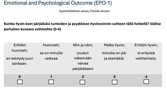 EPO-1-mittari suomenkielisessä Terapianavigaattorissa. Mittarissa kysytään: "Kuinka hyvin koet pärjääväsi tunteiden ja  psyykkisen hyvinvoinnin suhteen tällä hetkellä? Valitse parhaiten kuvaava vaihtoehto (0-4)."